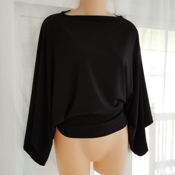 Jou Jou Tops - Black Fitted Boat Neck Flowy Sleeve Top